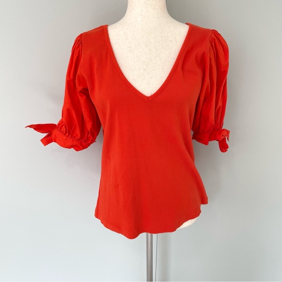 MAEVE x ANTHROPOLOGIE Puff-Sleeved Tie Sleeve Blouse Top in Orange - Picture 5 of 9